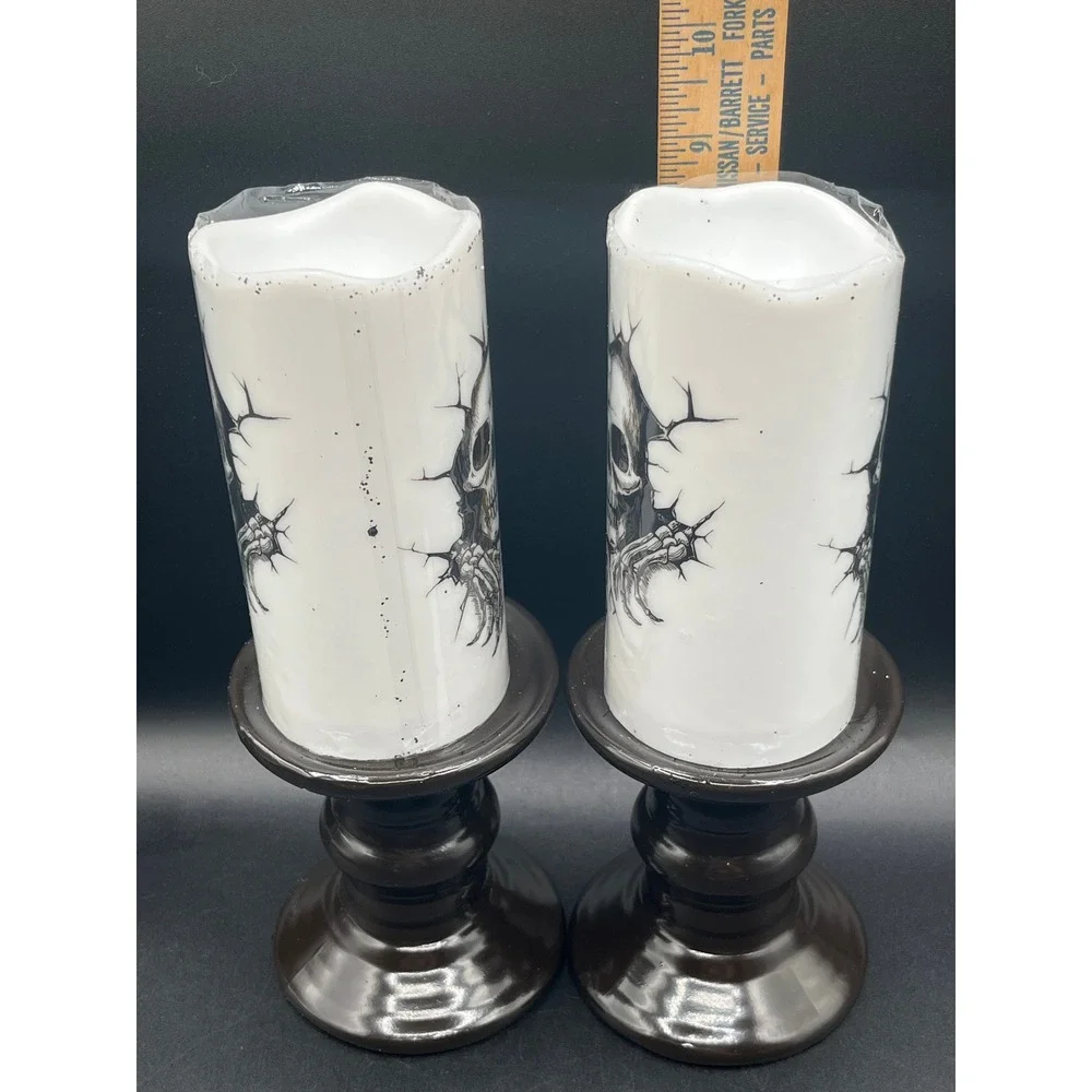 Skull Flameless LED Pillar Candles with Pedestal Bases Set of 2 Halloween Decor